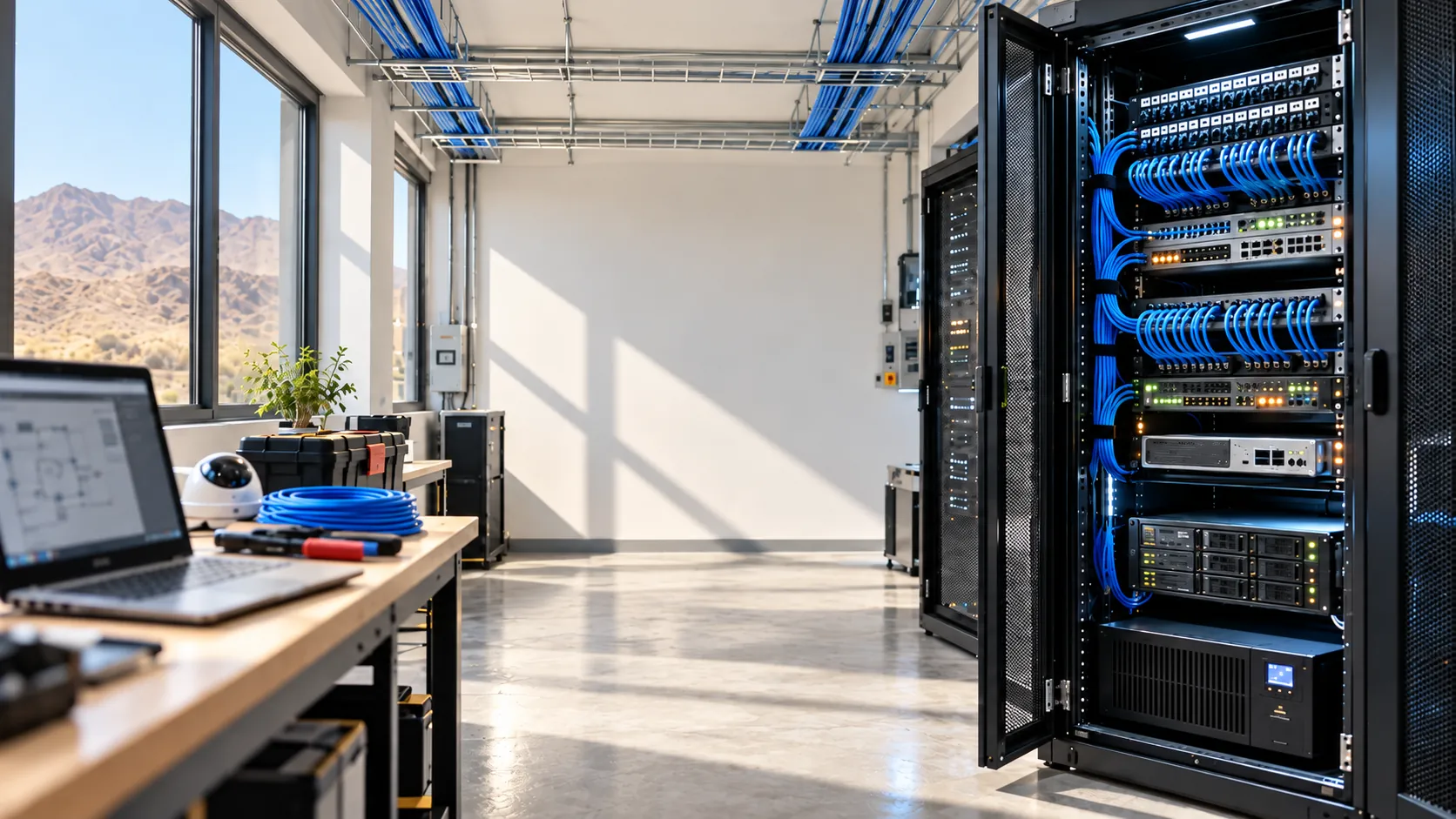 Sala técnica con un rack de red abierto y cableado ordenado