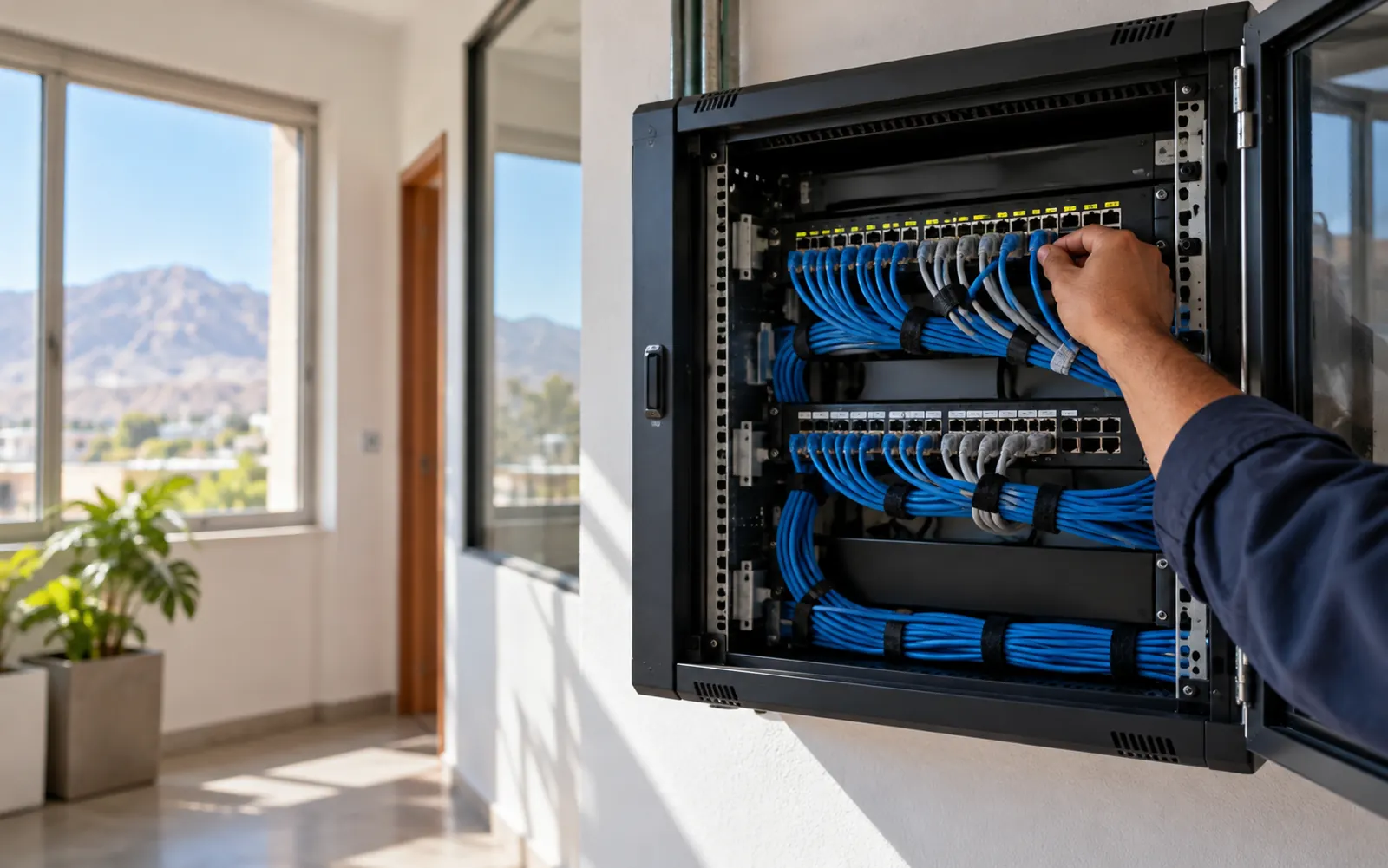 Técnico ordenando el cableado de un gabinete de red