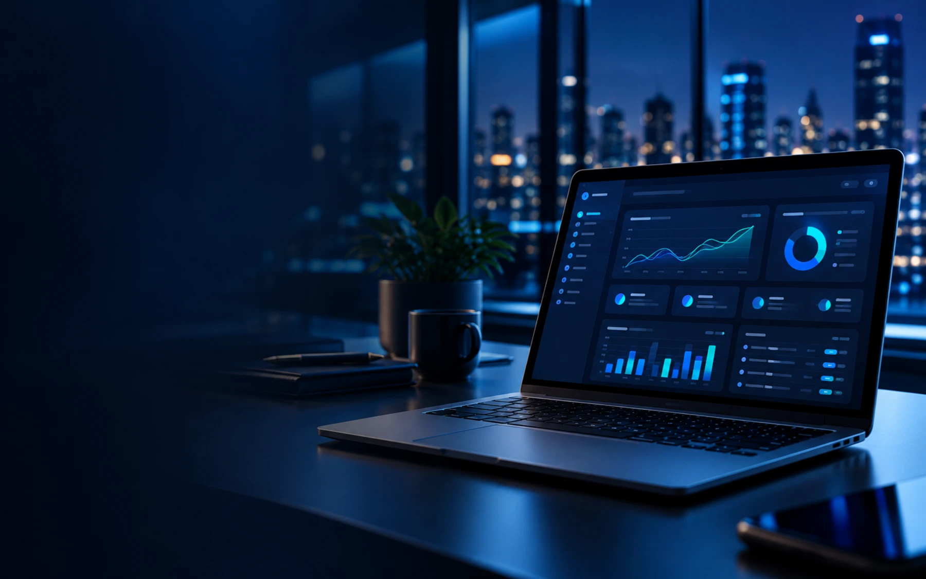 Espacio de trabajo con dashboard tecnológico y visual de producto digital